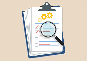 Vector illustration of clipboard with checklist and magnifying glass - clipboard, checklist, magnifying glass, vector, document, inspection, analysis, office, paper, minimal.