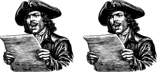 Historical town crier with bell reading proclamation engraving set for cultural design projects