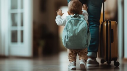 A delightful toddler, excited with a green backpack, walks towards new adventures while pulling a suitcase, capturing the essence of childhood curiosity and exploration.