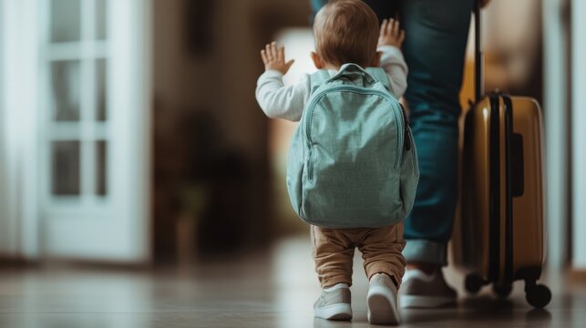 A delightful toddler, excited with a green backpack, walks towards new adventures while pulling a suitcase, capturing the essence of childhood curiosity and exploration.