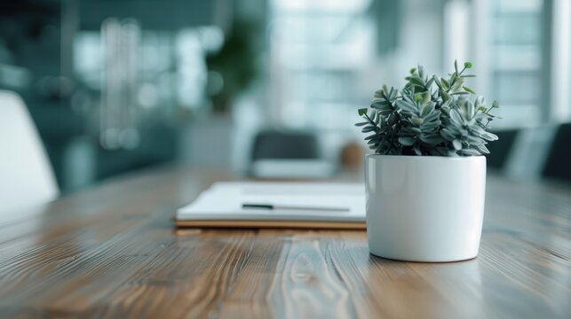 A visually appealing potted succulent rests atop a rustic wooden table, adding a touch of greenery and tranquility to a modern workspace or home environment.