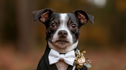 A charming dog donning a tuxedo with a floral accent, perfectly styling itself for a special occasion, and showcasing the delightful bond between pets and fashion.
