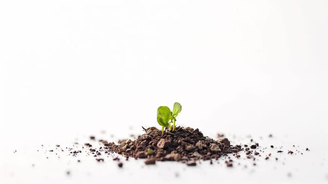 Tiny Seedlings Emerging from Soil Clods on a Bright White Background