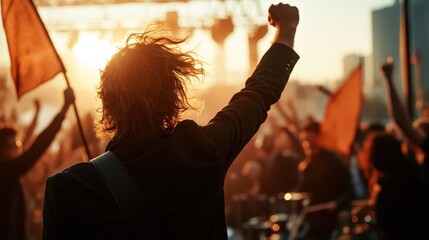 A passionate musician raises a fist in solidarity against a vibrant sunset backdrop during an energetic concert, capturing the essence of music's emotional power and unity.
