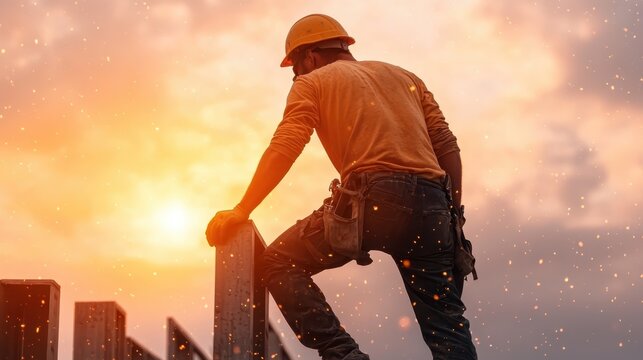 A silhouette of a construction worker climbs towards the sun, symbolizing determination and the pursuit of progress amidst a backdrop of industry and effort.