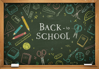 Back-to-School Chalkboard Design with Colorful School Supplies and Learning Essentials