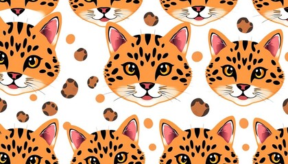 Fototapeta premium Seamless vector pattern of adorable cat heads with leopard spots on a white background, ideal for kids' fabrics, background, children