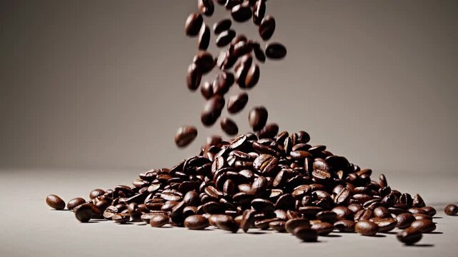 Caffeinated cascade: Coffee beans rain down, forming a rich, inviting pile. This image captures the essence of aromatic coffee, a staple beverage for many.