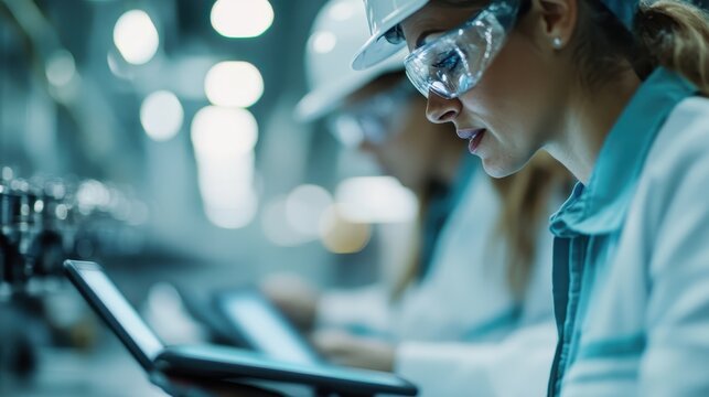 A focused female engineer in a hard hat and safety goggles uses a tablet in a modern industrial setup, highlighting women's contributions to technology and engineering in today's workforce.