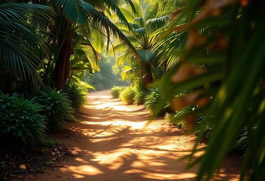 Sun-dappled dirt path through lush jungle, overlaid with blurred tiger stripes, orange, texture