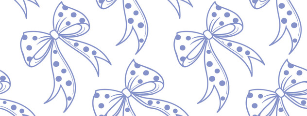 Seamless polka dot bow pattern in soft blue line art on a white background. Ideal for fabric, gift wrap, and girly design themes. Elegant, playful, and decorative graphic style. © Sk