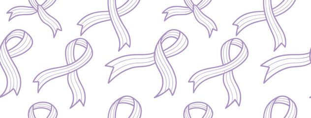 Seamless awareness ribbon pattern in soft purple line art on a white background. Perfect for campaigns, healthcare themes, and memorial design projects. Clean, symbolic, and supportive artwork.