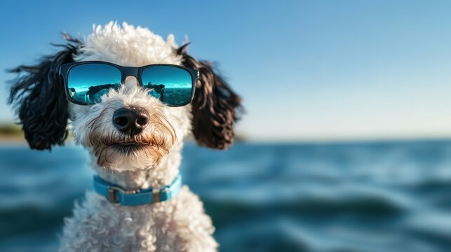 A fashionable dog wearing sunglasses at the beach, capturing a playful moment in pet photography that conveys joy, adventure, and summer fun in a delightful setting.
