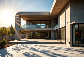 Fototapeta premium Sunlight illuminates a modern villa's sleek, unfinished concrete facade, showcasing intricate steelwork and expansive glass windows, steel framework, contemporary architecture