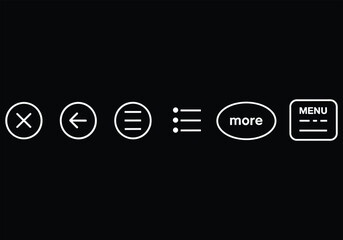 Vector illustration of UI icons for close, back, menu, bullet list, more options, and menu in white outline style on black background - UI, icons, vector, close, back, menu, list, options, interface, 