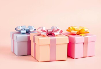 Obraz premium Three pastel gift boxes with bows, neatly arranged on a plain background, summer, festive