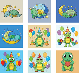 Cartoon Turtle Illustrations Sleeping On Moon Celebrating Birthday And Holding Heart
