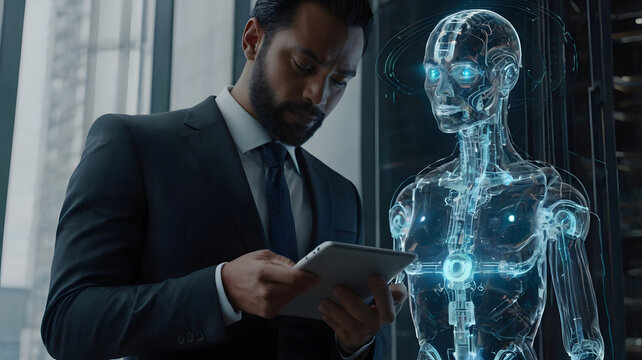 Artificial Intelligence (AI). Businessman looking at a digital tablet