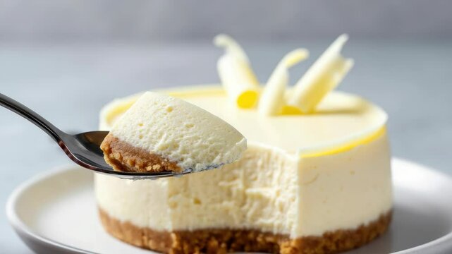 Delicious cheesecake with crumbly base and white chocolate curls on top Slice spoon