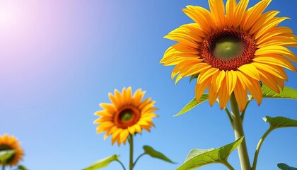 Obraz premium Two vibrant sunflowers bask in sunny blue skies Perfect summer banner, creative, happy
