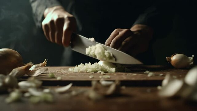 Chopping onions and garlic in a dim kitchen during a culinary preparation session