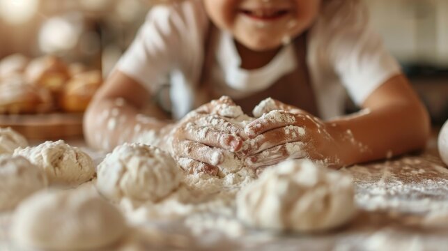 A joyful child immersed in play, fingers deeply engaged with flour and dough, capturing the essence of childhood creativity and the joy found in simple moments. - Powered by Adobe