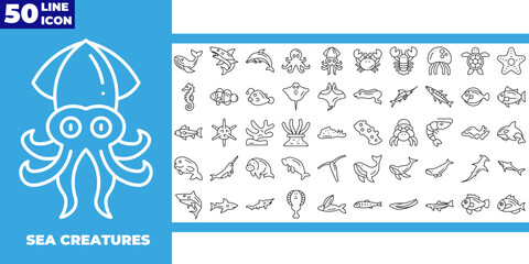Sea creatures line icons collection