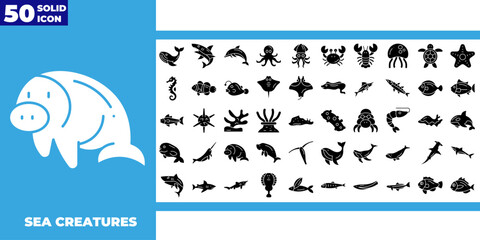Sea creatures glyph icons collection