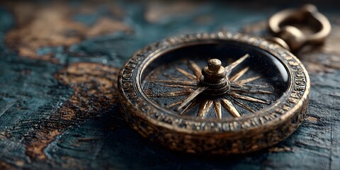 Fototapeta premium Ornate brass compass, intricate dial, centered on dark teal map. Soft light highlights brass texture. Sharp focus on compass rose. Vintage exploration, warm moody.