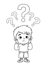 Obraz premium Confused boy with question marks – emotions coloring page for therapy