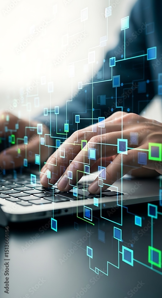 Poster hands typing on laptop with digital network overlay representing data processing