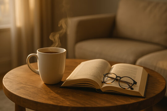 Cozy coffee cup beside open book with glasses on table