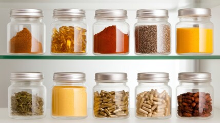 Assorted Jars of Colorful Spices and Herbs Displayed on a Kitchen Shelf for Culinary Use