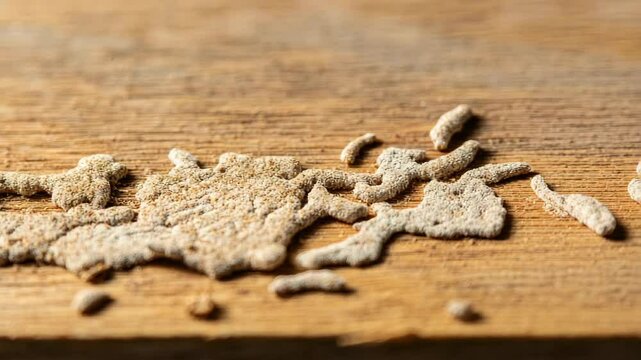Close-up of termite damage on wooden surface, indicating pest infestation