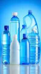 Naklejka premium Collection of Various Plastic Bottles Filled with Water in Different Shapes and Sizes Against a Blue Background