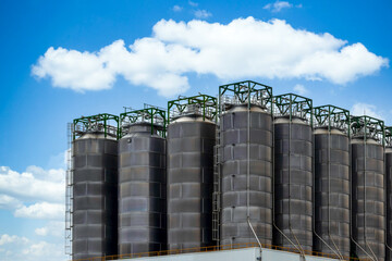 Row of large industrial silos for chemical petrochemical raw material storage, Storage silos in industrial modern industry, Industrial storage tank silos.