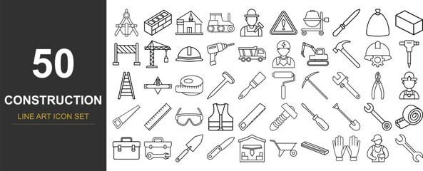50 Building and Construction Line Icons – Professional Vector Illustration Set Including Power Tools, Machinery, Safety Gear, and Architectural Elements for Technical and DIY Designs