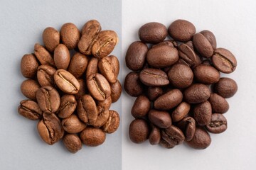Naklejka premium Side-by-side Comparison of Caffeinated and Decaffeinated Coffee Beans Showcasing Their Distinct Colors and Textures