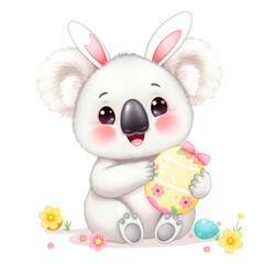 Fototapeta premium Cute koala celebrating spring with an Easter egg surrounded by flowers and colorful decorations
