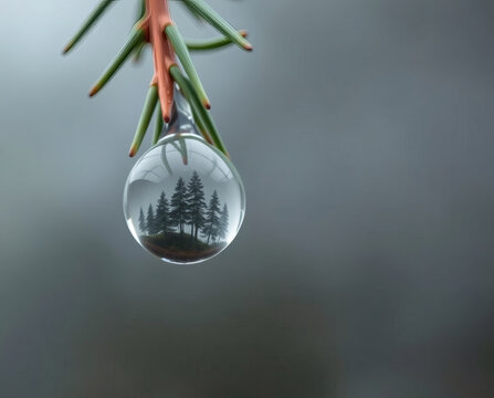 Reflection of serene forest captured in a raindrop hanging from a pine branch at dawn