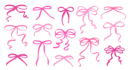 Set of Pink Coquette Bows in Different Styles. A Charming Collection of Feminine Hand-Drawn Ribbons with Playful Curves