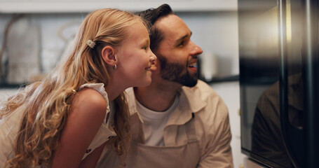 Kitchen, father and child by stove for baking, learning and bonding together with happy expression....
