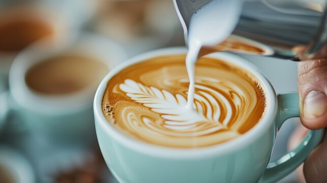 An artistic view of pouring creamy milk into a latte, creating beautiful foam art in a pastel mug, symbolizing warmth, creativity, and the joy of coffee culture in modern life.