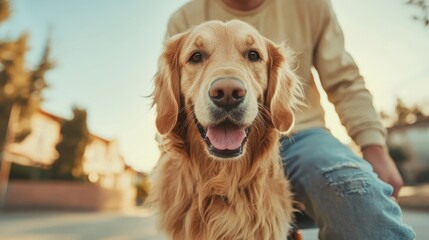 A cheerful golden retriever sits comfortably outdoors, showcasing its friendly personality and happiness with a big smile, capturing the essence of loyalty and companionship.