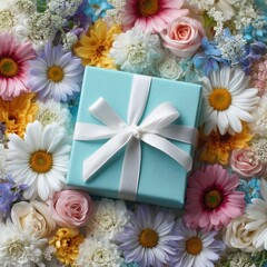Blue gift box with white ribbon and flowers
