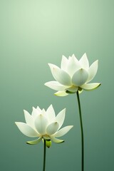 Two pristine white lotus flowers elegantly rise on slender stems against a soft green backdrop. A symbol of purity and peace