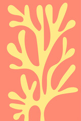 Botanical hand drawing yellow seaweed on orange background. Vector illustration.