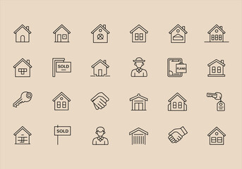 Vector illustration of real estate and house icons in line style - real estate, house, icons, vector, line, home, property, sold, agent, building.