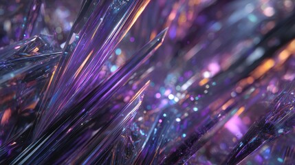 Iridescent purple crystalline shards with orange-blue accents and bokeh particle background. Ideal for tech branding materials, luxury packaging designs, and event decor visuals.
