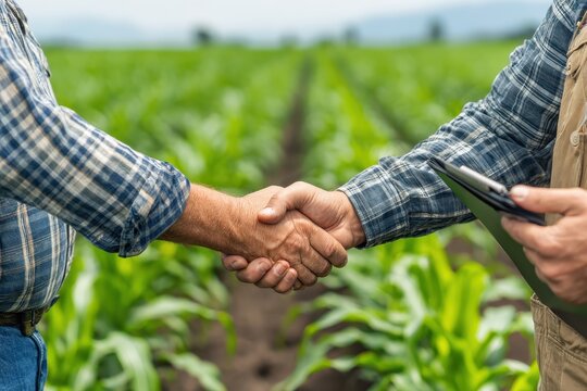Business agreement between farmers in lush green agricultural field